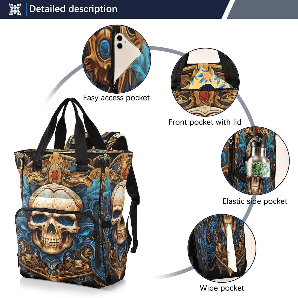 LINNIKEEEE Abstract Cool Golden Skull Diaper Bag Travel Backpack (photo 2)