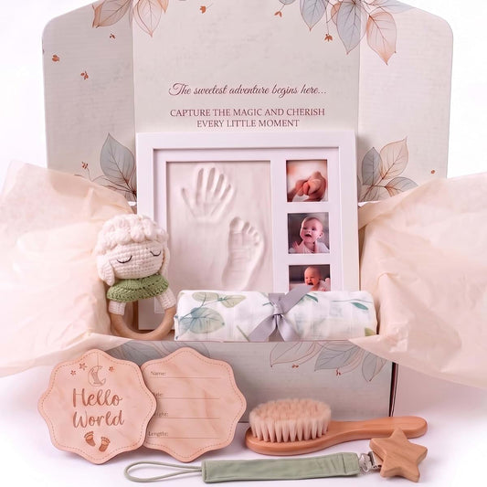 LUMS Baby Gift Basket – Newborn Gift Set 6 Pieces: Bamboo Blanket, Footprint Frame, Rattle, Comb, Pacifier Clip &