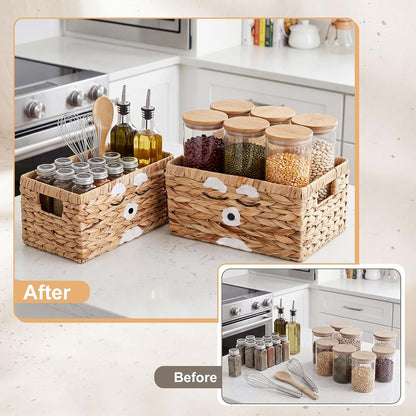 Bear Pattern Water Hyacinth Storage Basket Set for Organizing