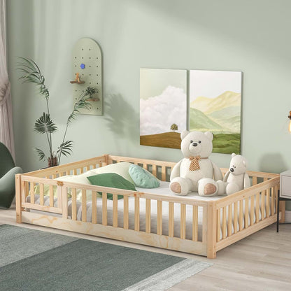 NCKMYB Full Size Toddlers Montessori Bed with Fence, Wooden Floor Bed Playpen with Doors, Kids Play Bed with Guardrails