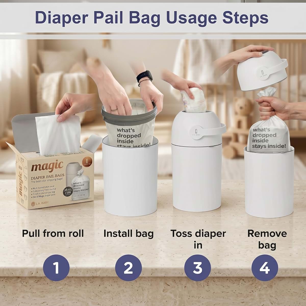 L.A. Baby Magic Diaper Pail Refill Bags, 45 Count, Multi-Layer Odor-Locking, Holds 1125 Diapers