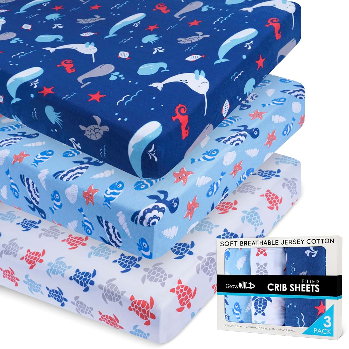 Grow Wild Fitted Crib Sheets 3-Pack, Blue Ocean Jersey Knit Cotton