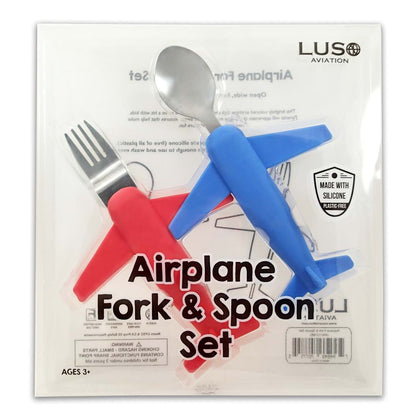 BabyOneStop Kids Airplane Fork and Spoon Set, Stainless Steel and Silicone, Dishwasher Safe