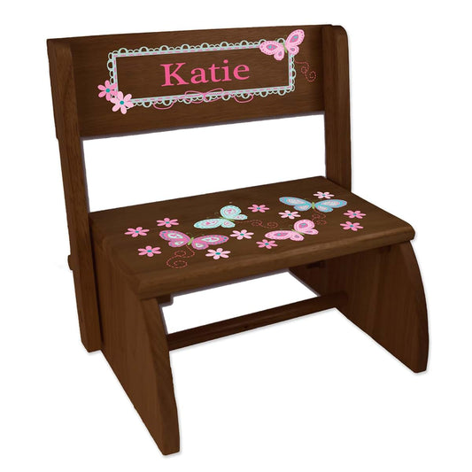 My Bambino Personalized Step Stool EspressoBench Seat with Aqua Butterflies Design | Birthday Gift for Kids