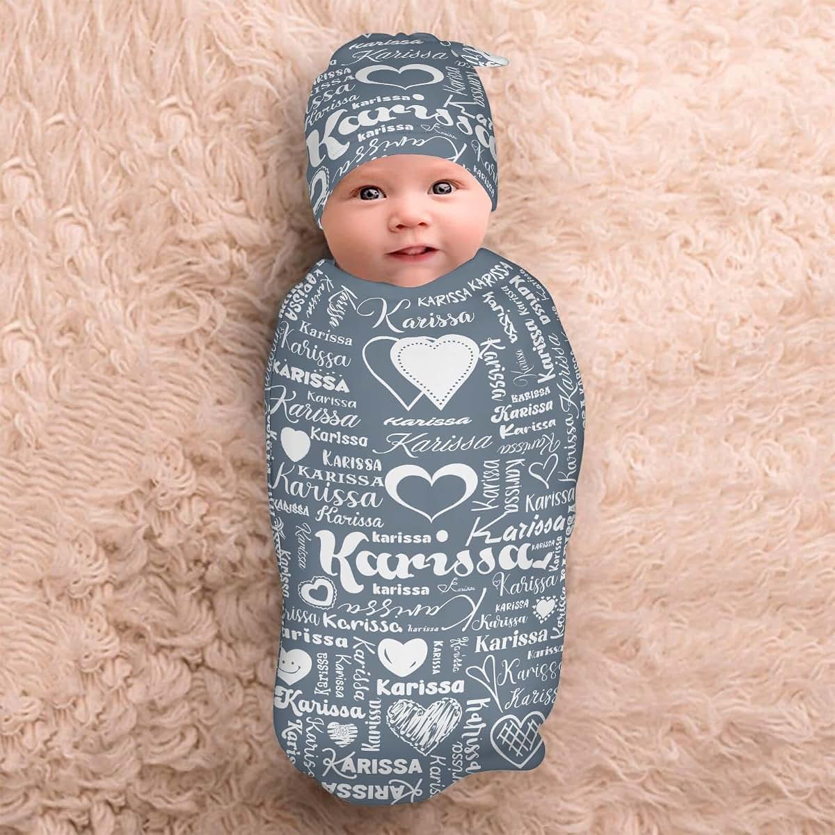 YallLocoMo Custom Swaddle Blanket with Hat Set Newborn Grey Name Text Receiving Blankets Baby Swaddle Wrap Soft Sleep (photo 3)