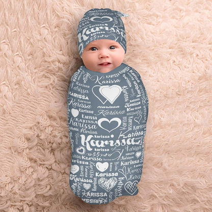YallLocoMo Custom Swaddle Blanket with Hat Set Newborn Grey Name Text Receiving Blankets Baby Swaddle Wrap Soft Sleep (photo 3)