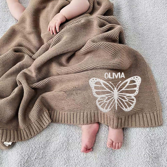 Noni Luxury Personalized Name Butterfly Baby Blanket, Embroidered Name, Soft Breathable Cotton Knit, Newborn Gift
