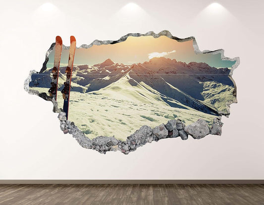 West Mountain Ski Wall Decal Art Decor 3D Smashed Sport Sticker Poster Kids Room Mural Custom Gift