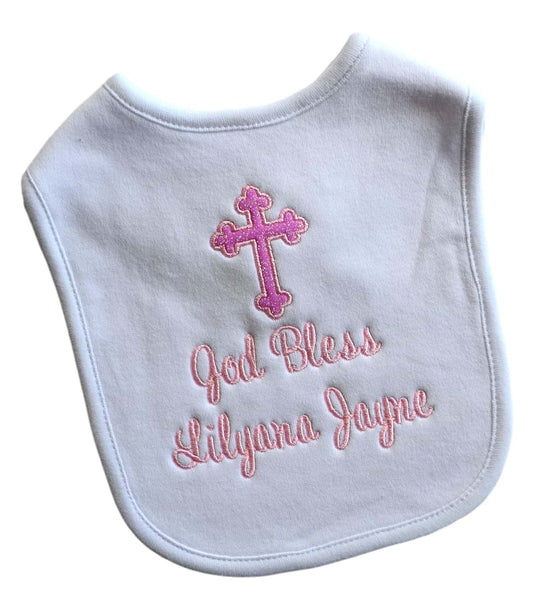 Funny Girl Designs Christening Keepsake Bib for Girls Embroidered with Glitter Cross Personalized with Your Custom Name