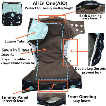 Sigzagor All In One Cloth Diapers Nappies for Night, Reusable Washable