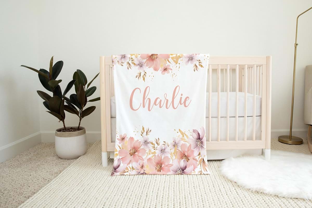 Lovable Gift Co Floral Personalized Baby Girl Blanket, Custom Name Gift, (Peachy Pink Gold, 30 x 40 Baby), BB-01 (photo 2)