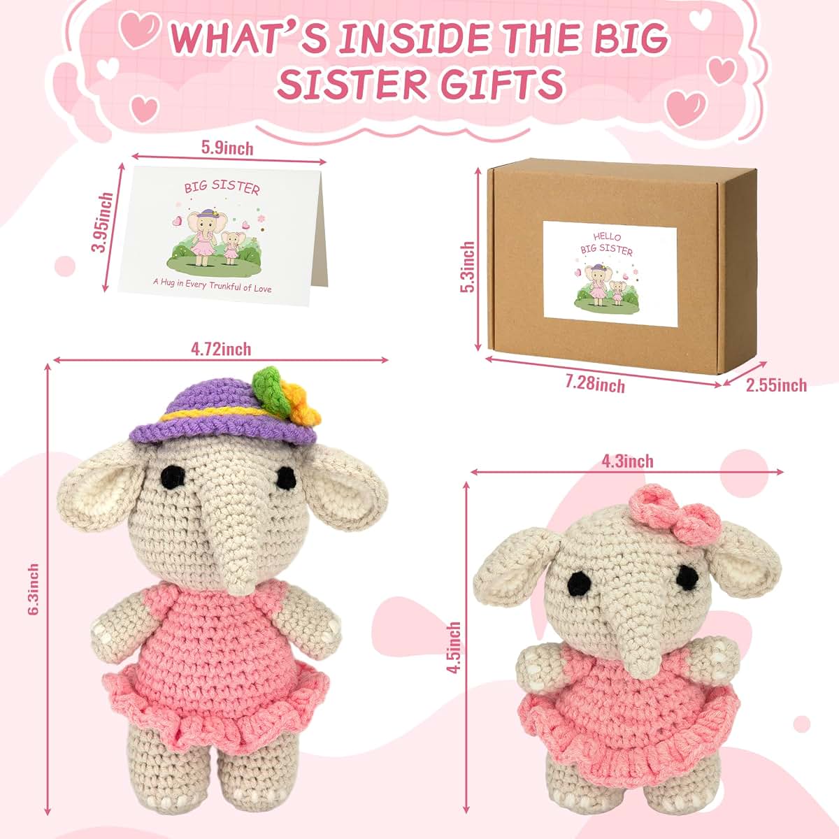ZenDecor Big Sister Gifts from New Baby, Crochet Elephant Plush with Greeting Card (photo 3)
