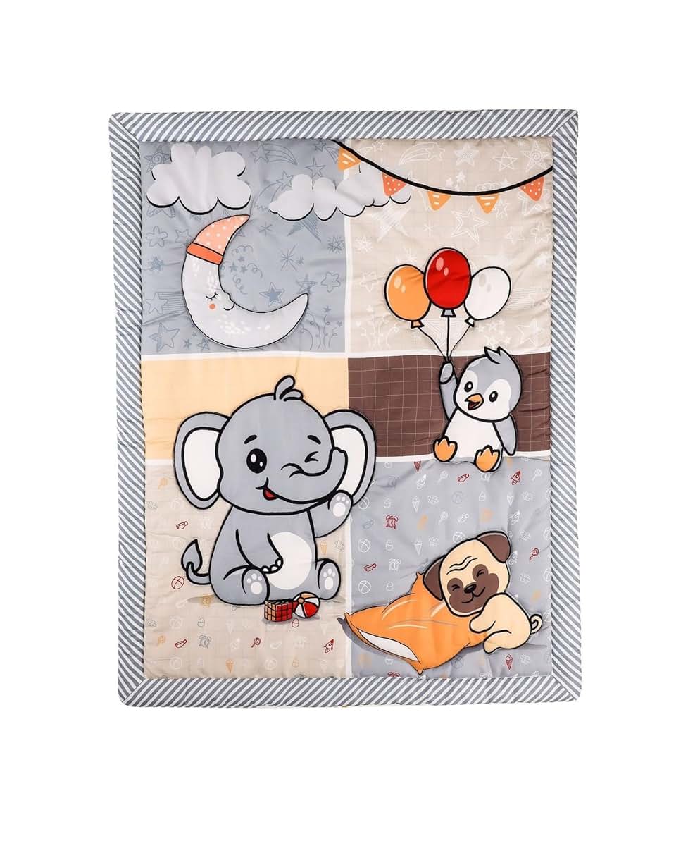 JHLCARPET Baby Crib Quilt with Elephant, Penguin, and Pug Design, Nursery Bedding Quilt with Moon and Balloons Theme