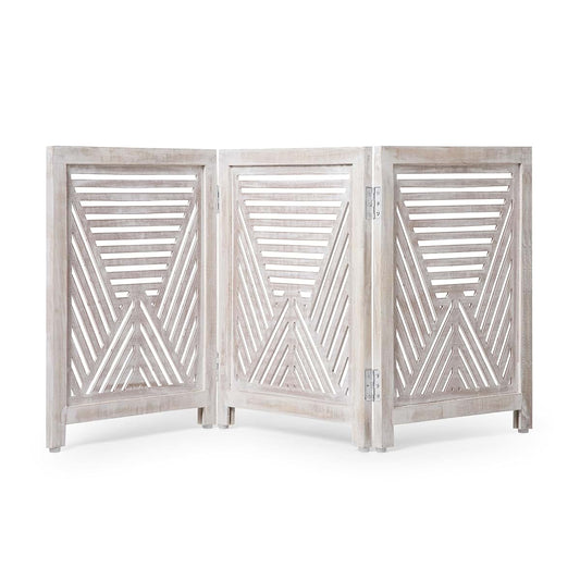 Light & Pro Lightnpro 3-Panel Carved Wooden Dog Gate – 54 Inch Foldable Freestanding Pet Barrier, White Wash Indoor