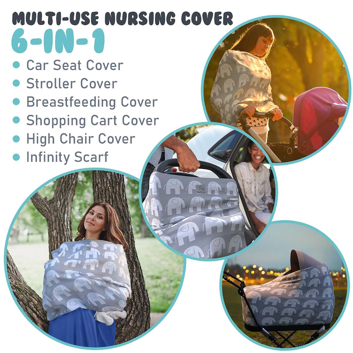MoM-me Nursing Cover Multi Use Grey White Elephant Design for Baby and Stroller