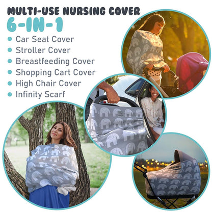 MoM-me Nursing Cover Multi Use Grey White Elephant Design for Baby and Stroller