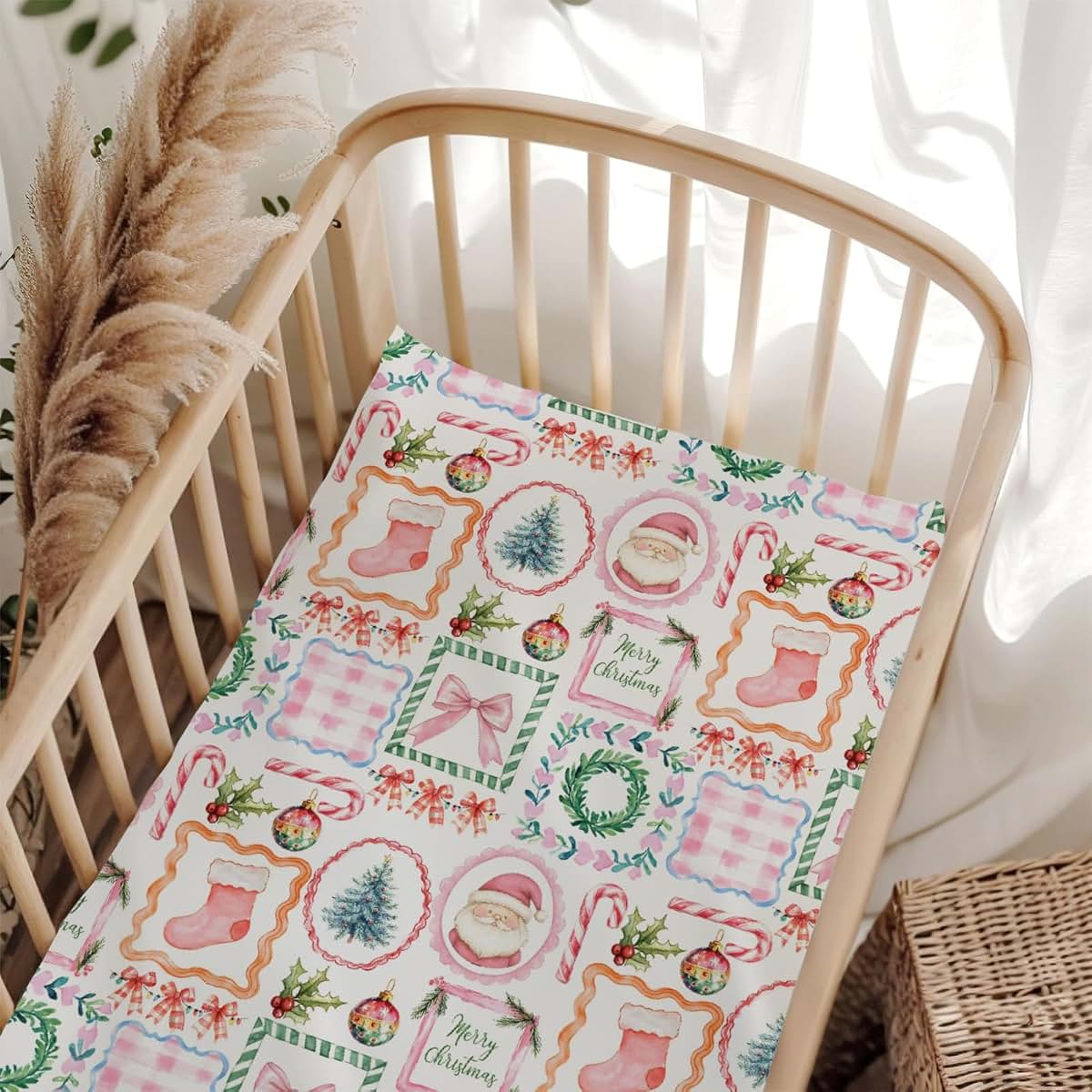 Wicbfdfv Christmas Santa Pine Trees Pink Fitted Crib Sheet 28"x52"