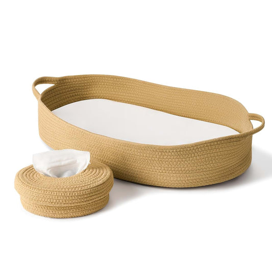 ECOADE Bundle: Baby Changing Basket with Cotton Rope Baby Wipes Dispenser - Baby Moses Basket Changing Table Topper