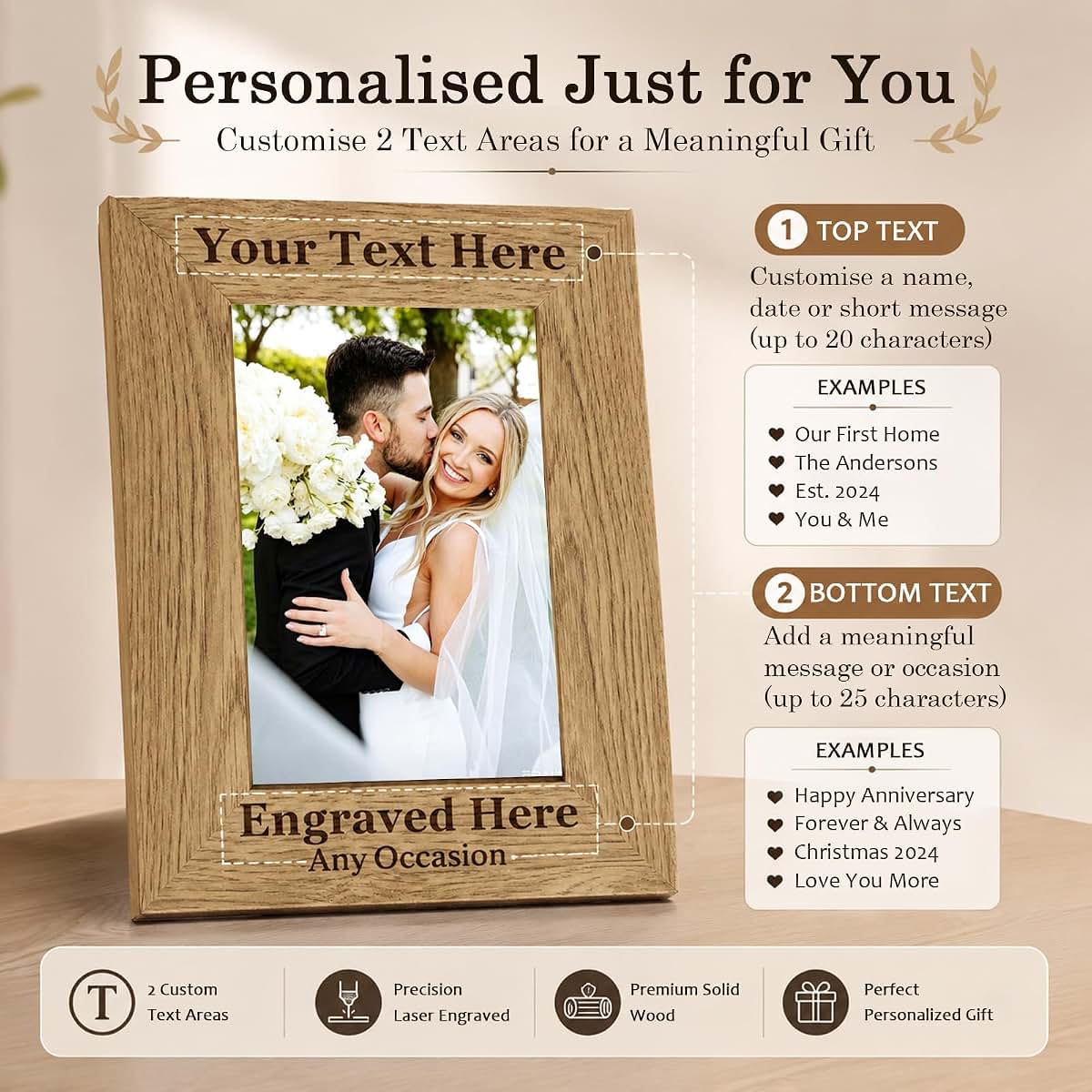 WBW Personalized Engraved Wood Photo Frame, Custom Text ＆ Picture 4x6/5x7 Frame