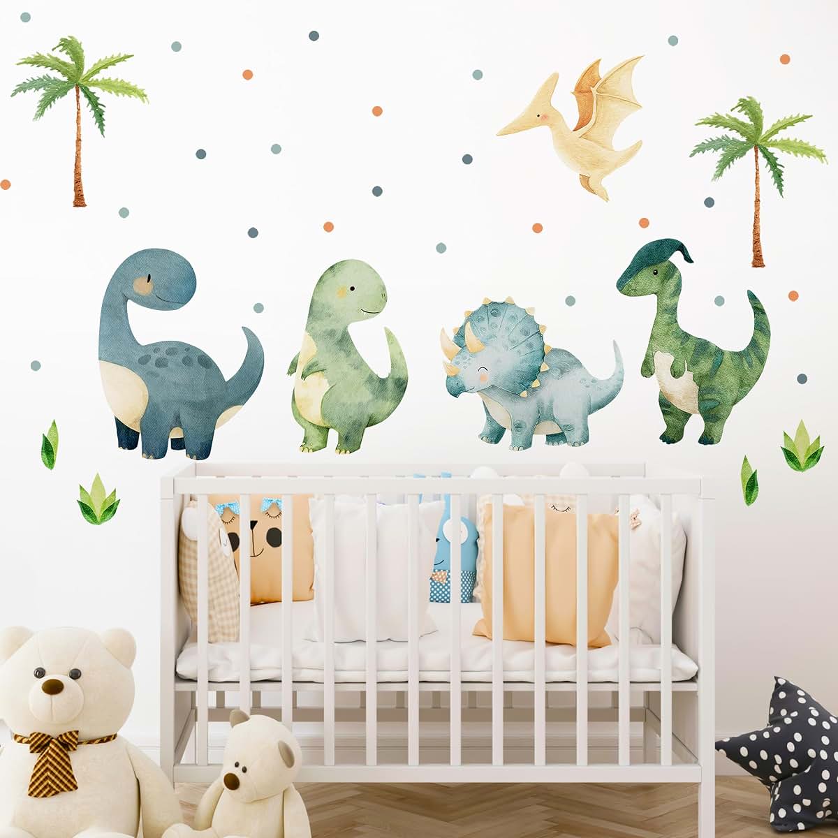 Large Dinosaurs Wall Decals Green Boho Watercolor Vinyl Stickers for Nursery Kids Room