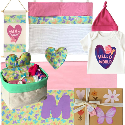 FashionByCultures Personalized Baby Girl Gift Set, Butterfly Theme Custom Natural Cotton Newborn Nursery Essentials &