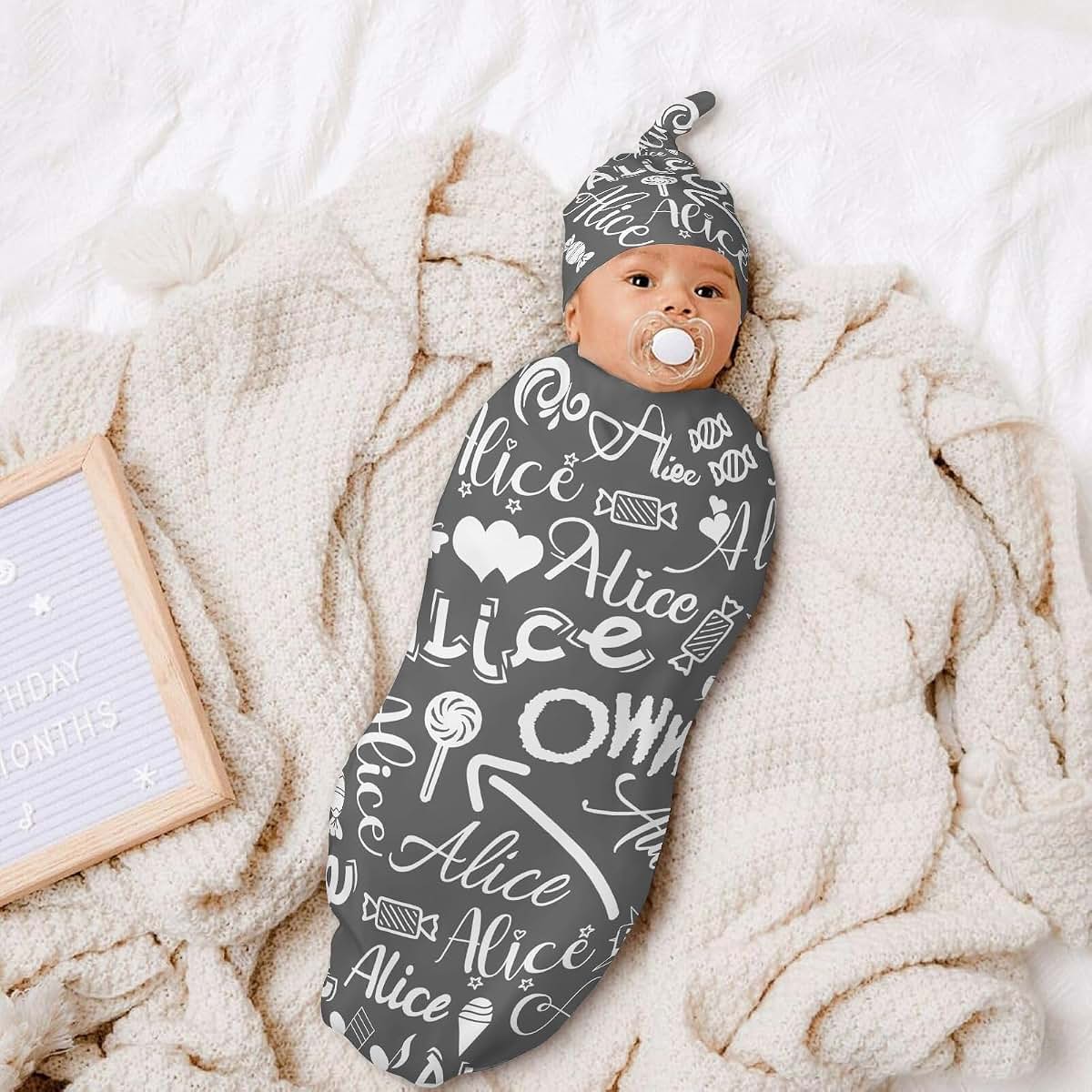 LiSoAkWE Personalized Baby Swaddle Blanket And Matching Hat Set (photo 4)