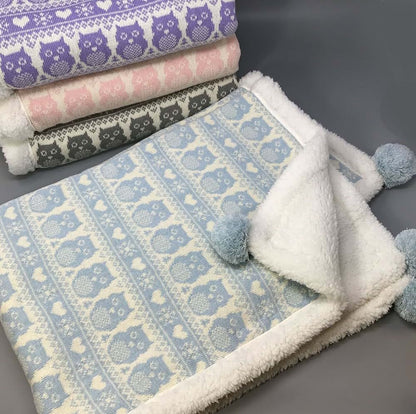 effe bebe Snow Owl Cotton Knit Sherpa Baby Blanket 30”x40” (Light Blue) (photo 3)