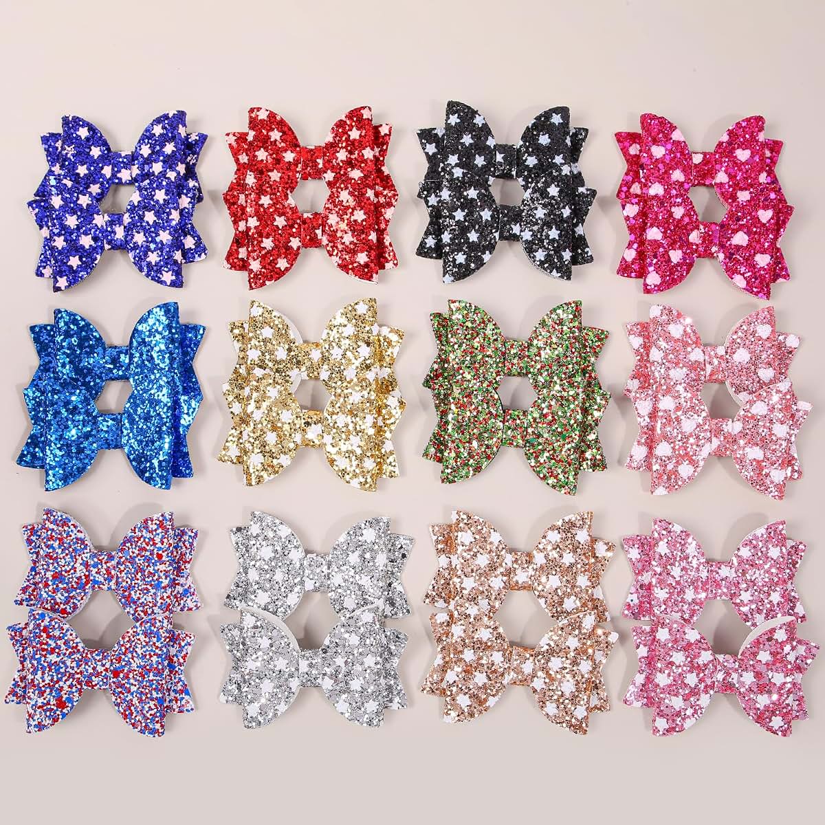 XIMA 24Pcs Sparkly Star Glitter Bow Hair Clips for Girls Toddlers Kids