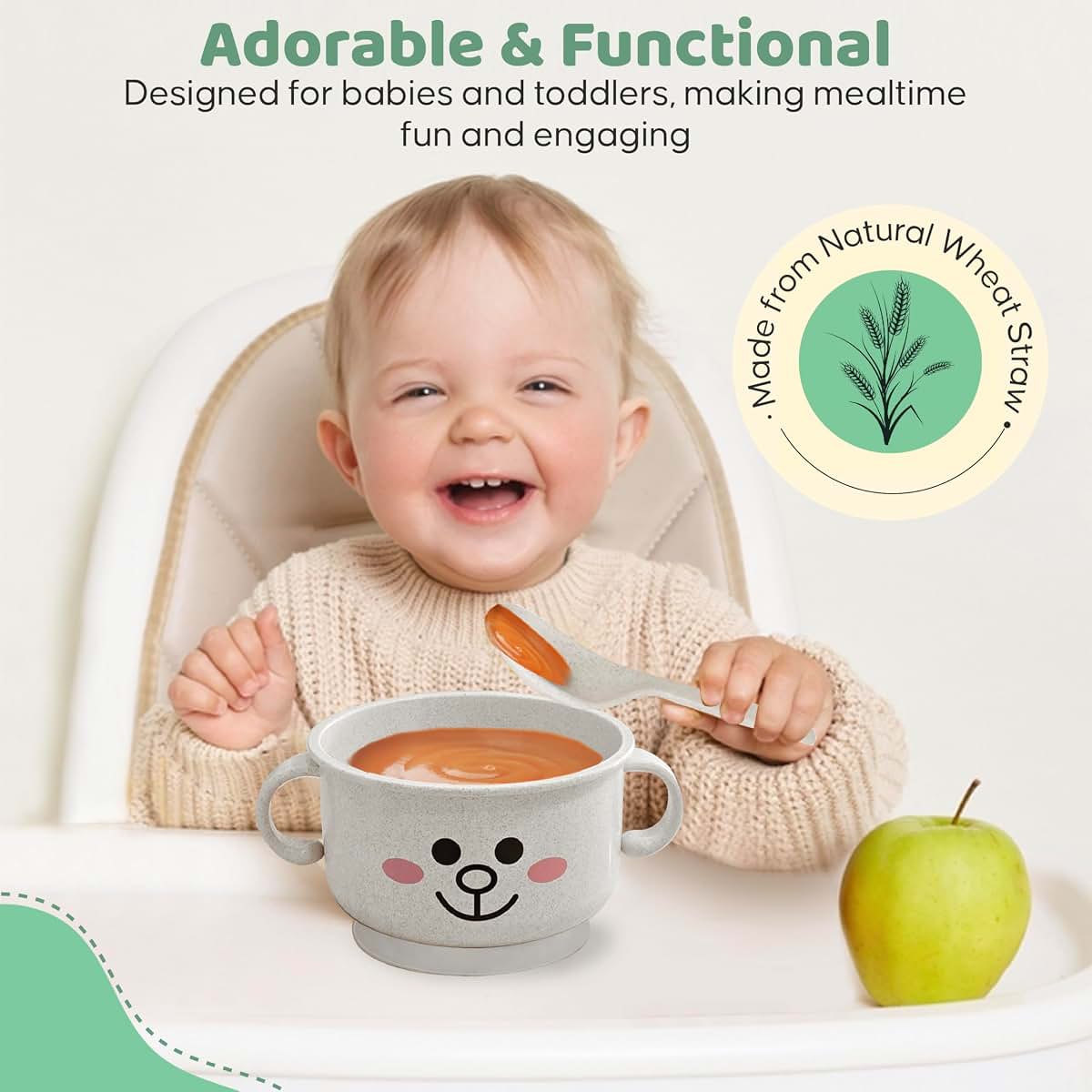 SnugglyBites Unbreakable Bowls for Babies & Toddlers with Spoon and Lid, Eco-Friendly Wheat Straw, Stay Put Suction (photo 3)