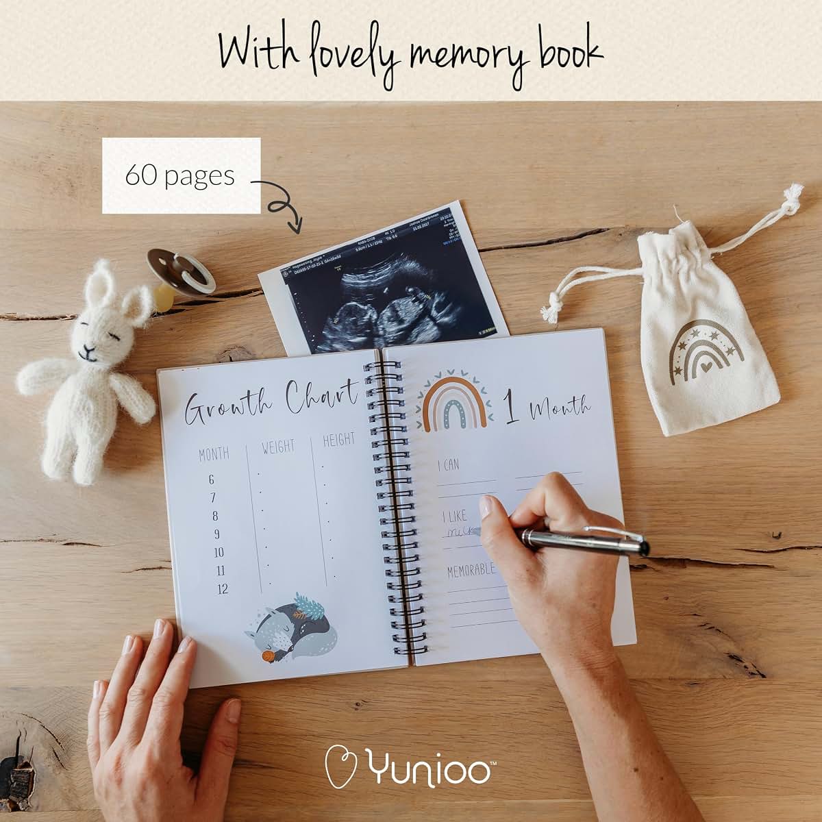 Yunioo Baby Keepsake Box with Memory Book, Footprint Kit, Milestone Cards, Tooth Tubes and Envelopes