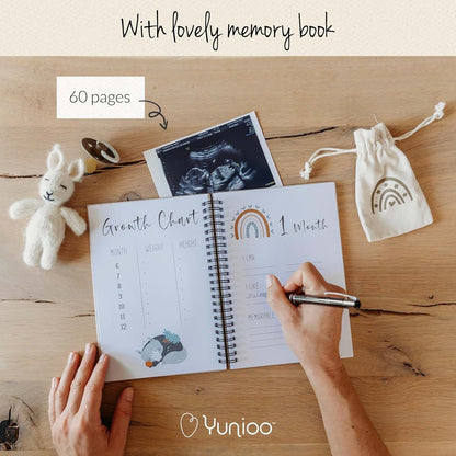 Yunioo Baby Keepsake Box with Memory Book, Footprint Kit, Milestone Cards, Tooth Tubes and Envelopes