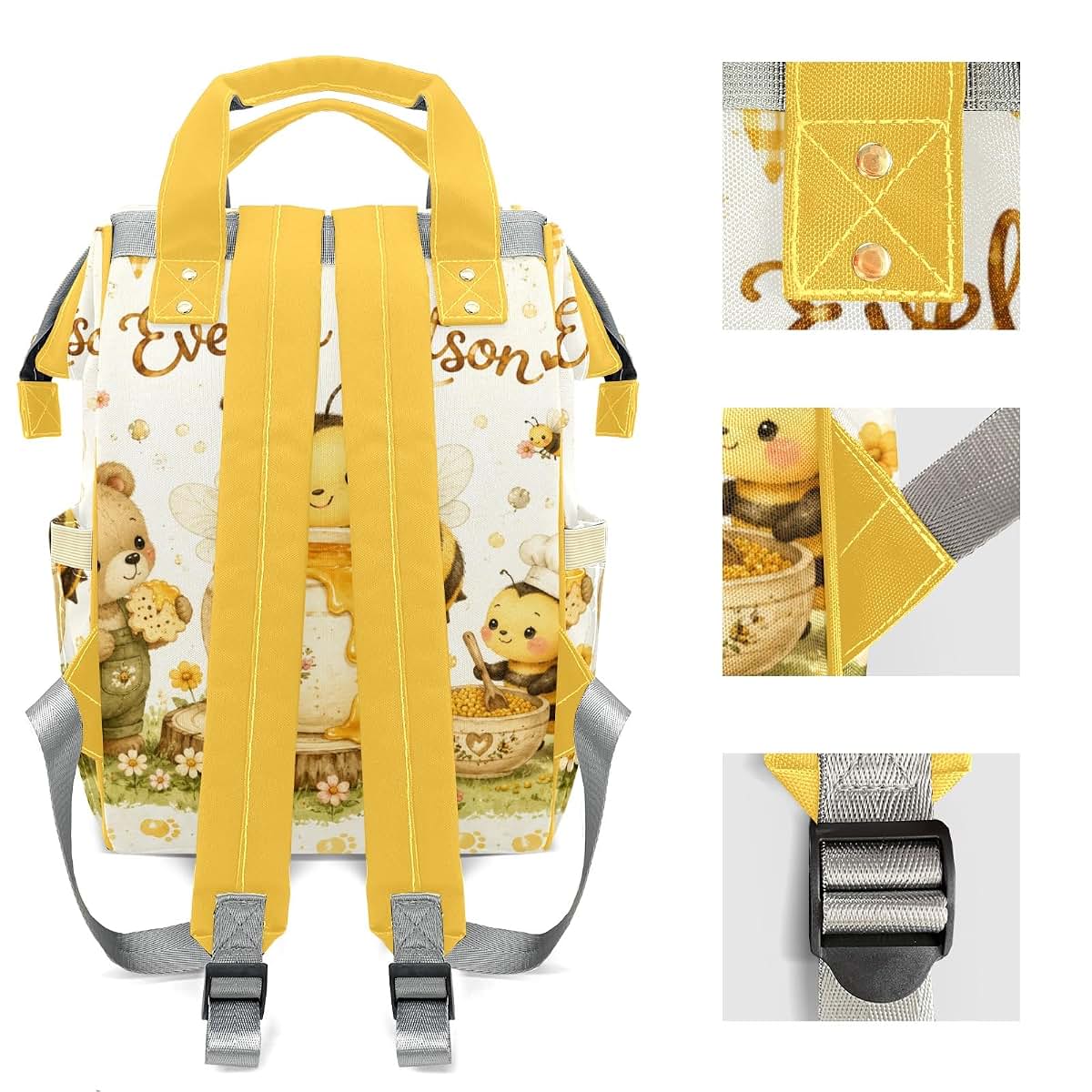YallLocoMo Personalized Diaper Bag Backpack Gift Watercolor Honey Pot Bee Bear Convenient and Durable: Waterproof (photo 4)