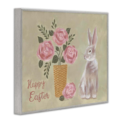 Stupell Industries Happy Easter Bunny Rose Bouquet Framed Giclée Print