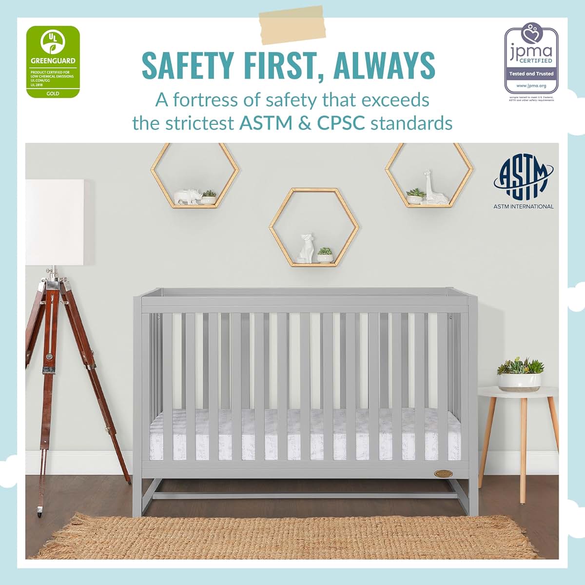 Dream On Me Arlo 5-In-1 Convertible Baby Crib In Pebble Grey, Greenguard Gold & JPMA, 3 Mattress Heights
