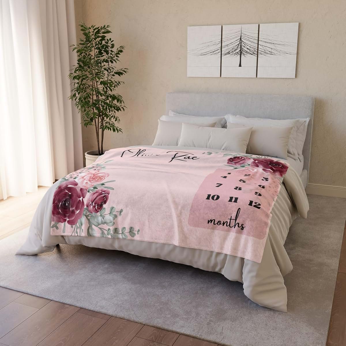 Zebra88 Personalized Monthly Baby Milestone Blanket With Floral Rose Design (photo 4)