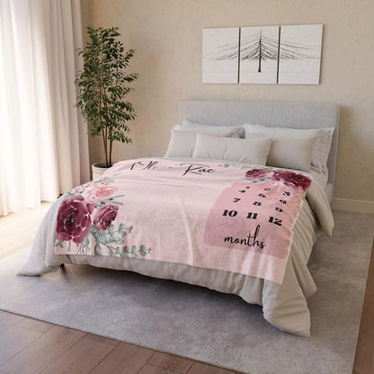Zebra88 Personalized Monthly Baby Milestone Blanket With Floral Rose Design (photo 4)