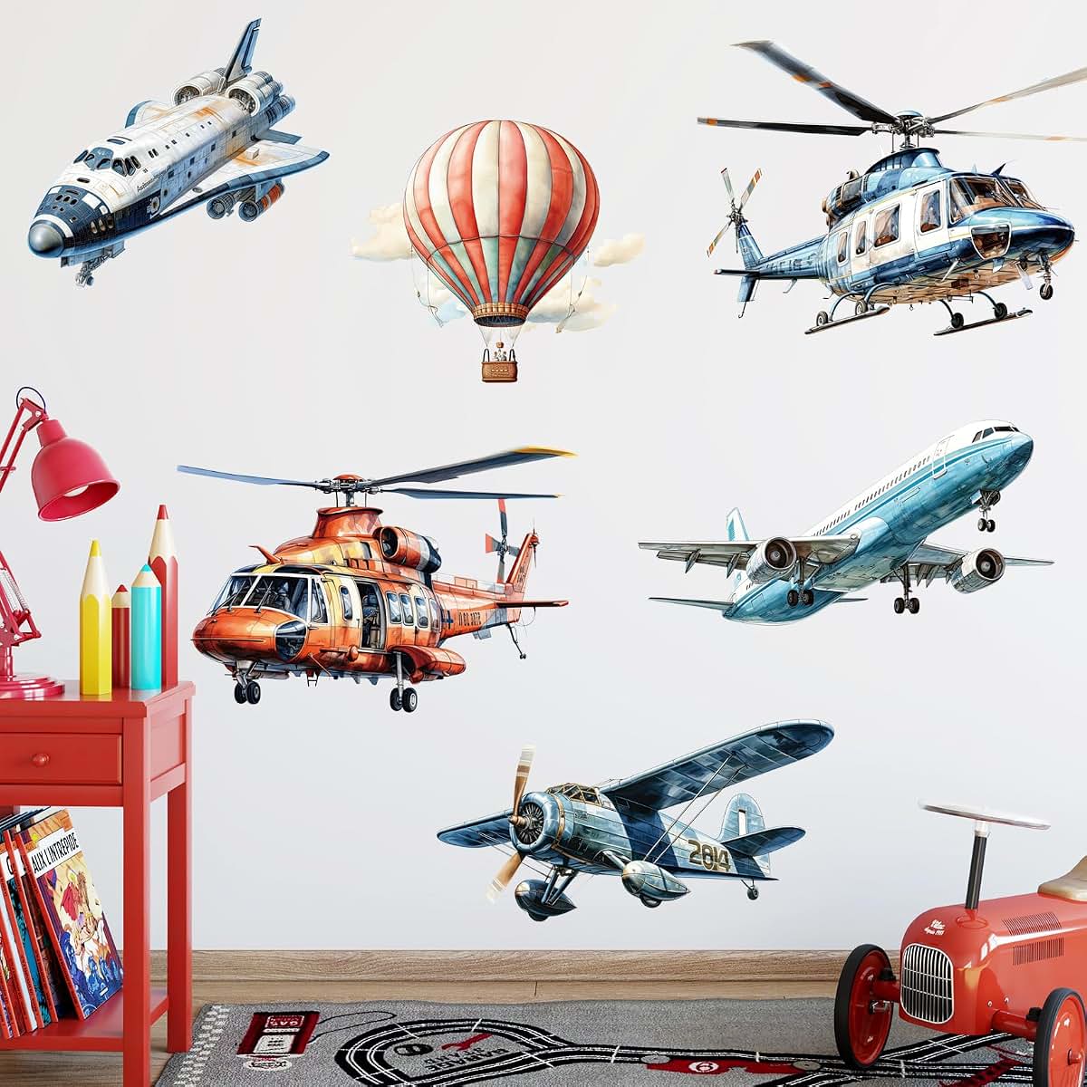 RW-JDFX Airplane and Hot Air Balloon Wall Decals Peel and Stick Vinyl Decor for Nursery