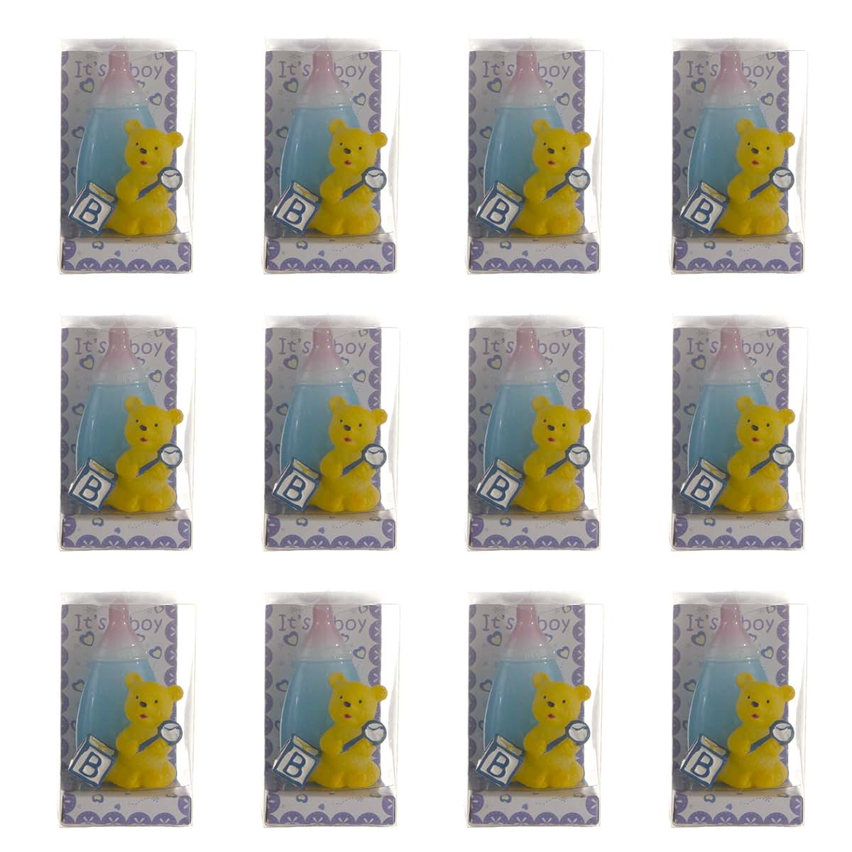 Lunaura Baby Keepsake - Set of 12 "Boy" Teddy Bear with Baby Bottle Candle - Blue