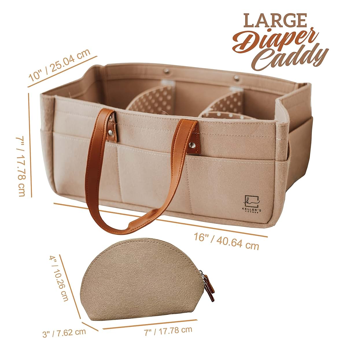 Keller's Corner Baby Diaper Caddy Organizer Beige Large & Small Pouch/Portable Holder Bag for Changing Table &