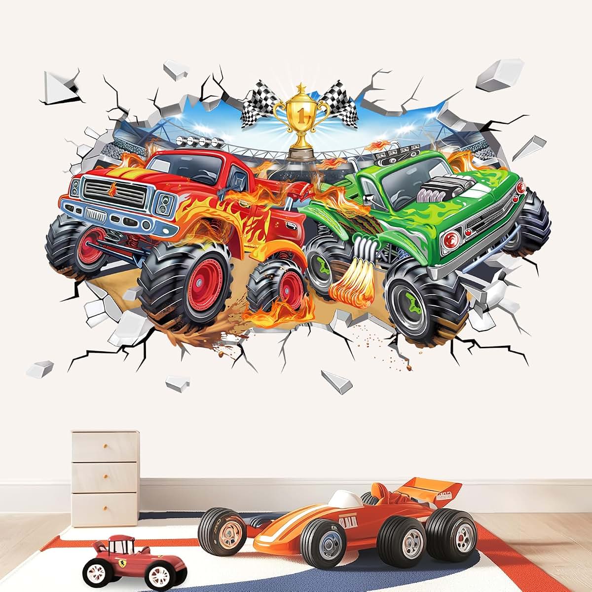 wondever 3D Racing Car Wall Decals Truck Break Through Wall Stickers