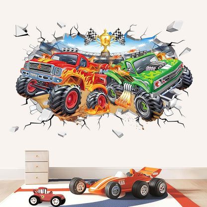 wondever 3D Racing Car Wall Decals Truck Break Through Wall Stickers