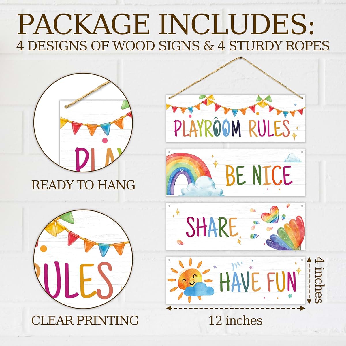 Dskly 4 Pcs Playroom Wall Decor Signs, Rainbow Wooden Hanging Plaques with Hemp Ropes, 12 x 4 Inch