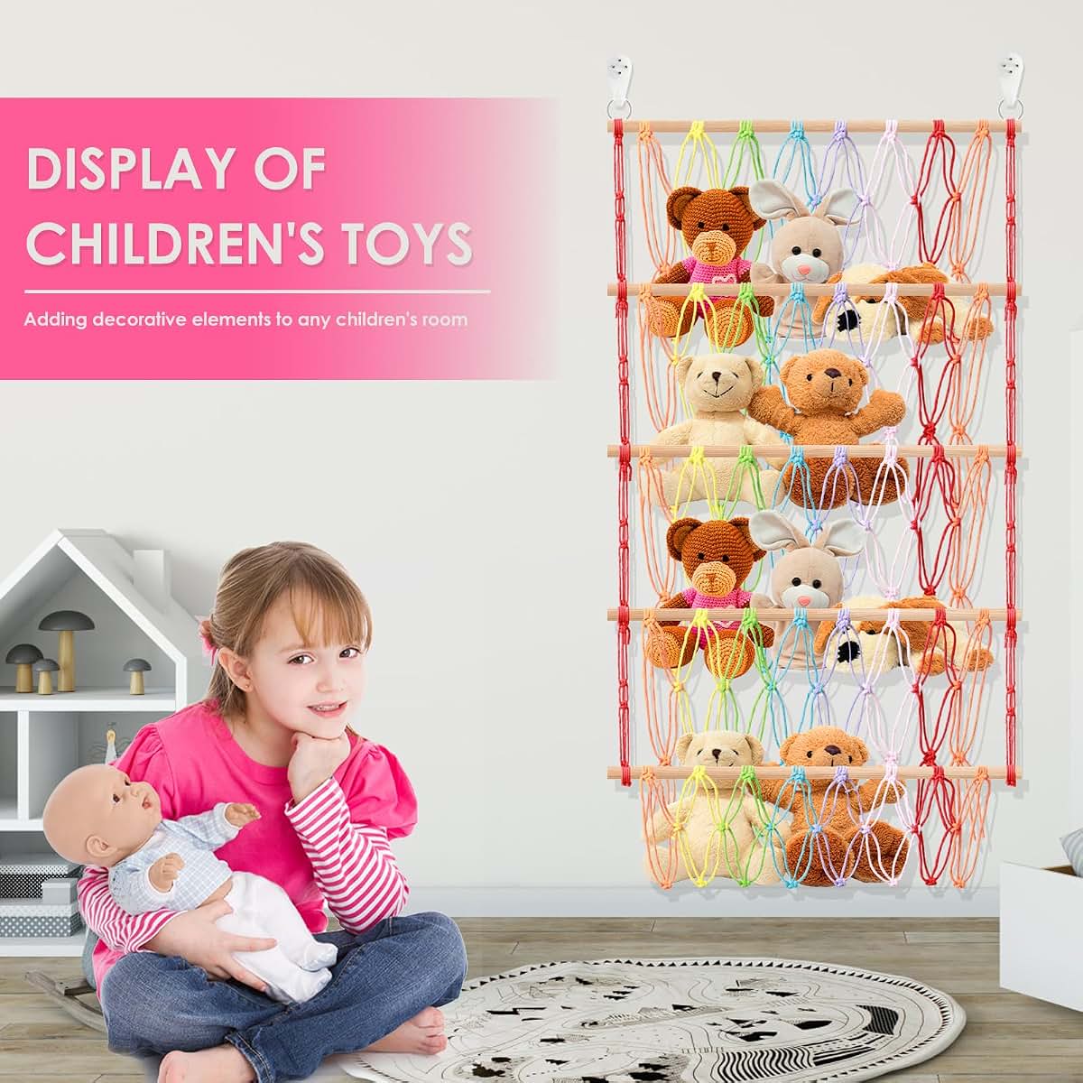 Stuffed Animal Storage Hammock Net, 52x105cm Cotton Rope Wall Hanging Organizer for Nursery