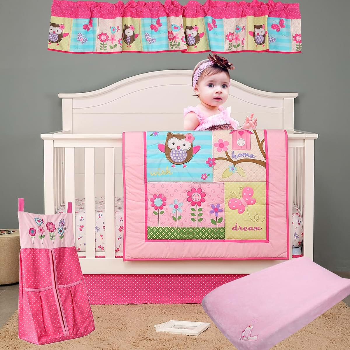 CribMATE 1 PC Pink Flower Owl Crib Diaper Bag, Crib Diaper Hanging Organizer Bag Baby Girl Gift Idea (Diaper Crib
