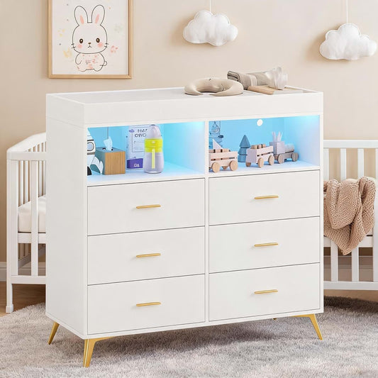 Jojoka 6‑Drawer Nursery Dresser Changing Table | Convertible Diaper Station with LED Lighting, USB Power Outlet, 2 Open