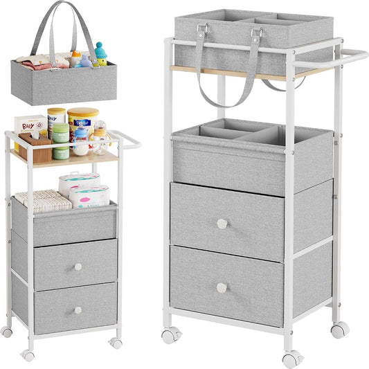 3In1 Modanais Baby Diaper Caddy Organizer Cart with Drawers, Light Gray