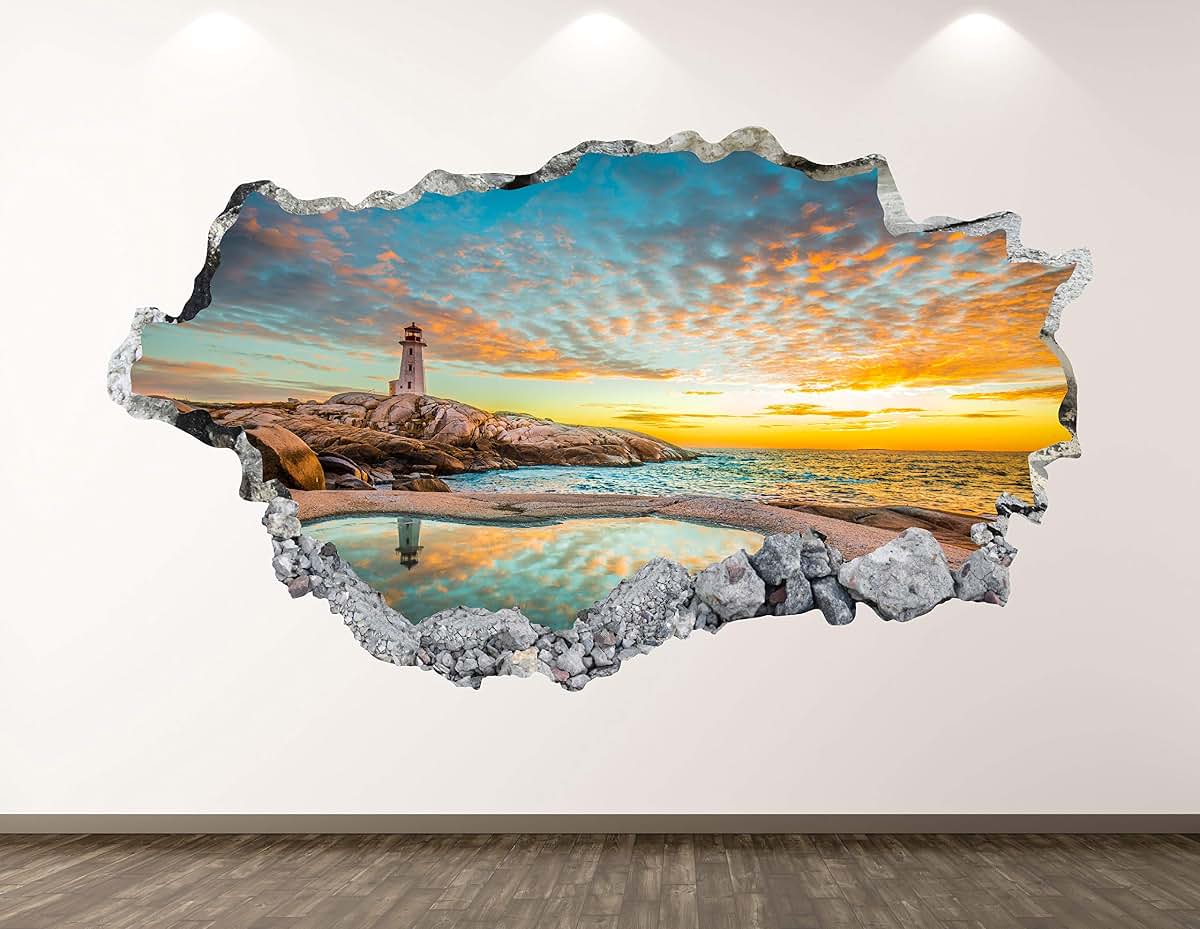 West Mountain Lighthouse Wall Decal Art Decor 3D Smashed Ocean Sticker Mural Kids Room Custom Gift BL95 (70"W x 40"H)