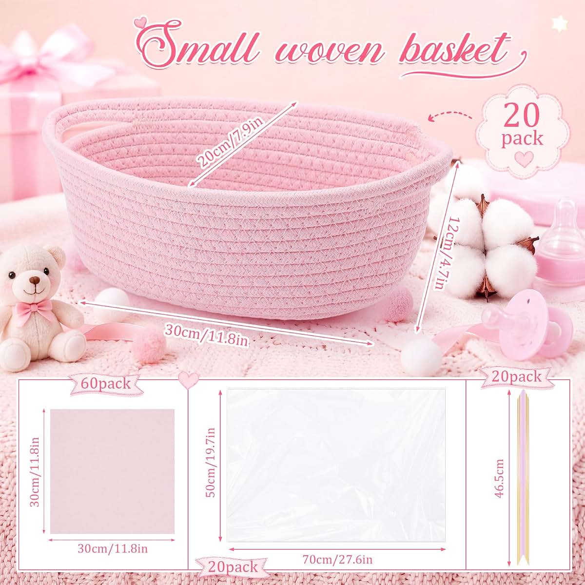 OBreezify 20 Sets Small Pink Woven Gift Basket with Handle, 12"x 8"x 5" Gift Baskets with Bags Pull Bows and Tissue (photo 2)