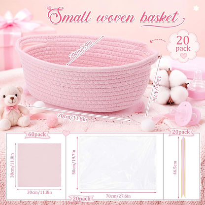 OBreezify 20 Sets Small Pink Woven Gift Basket with Handle, 12"x 8"x 5" Gift Baskets with Bags Pull Bows and Tissue (photo 2)
