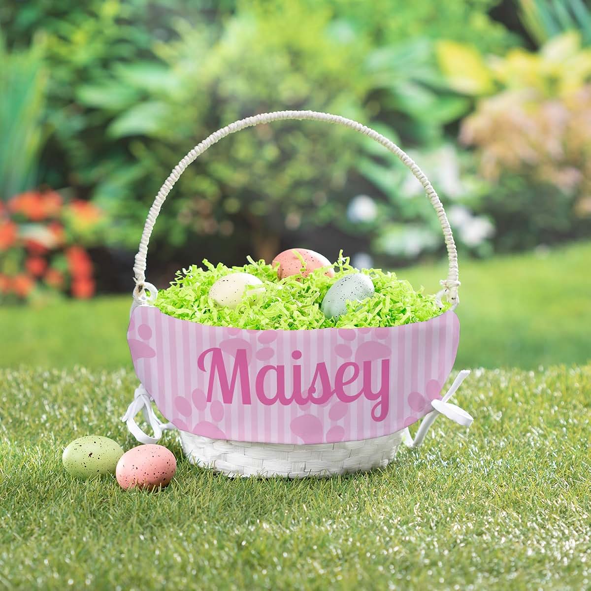 Personalized Planet Personalized Easter Egg Basket for Dog with Handle and Custom Name | Pink Paw Print Easter Basket